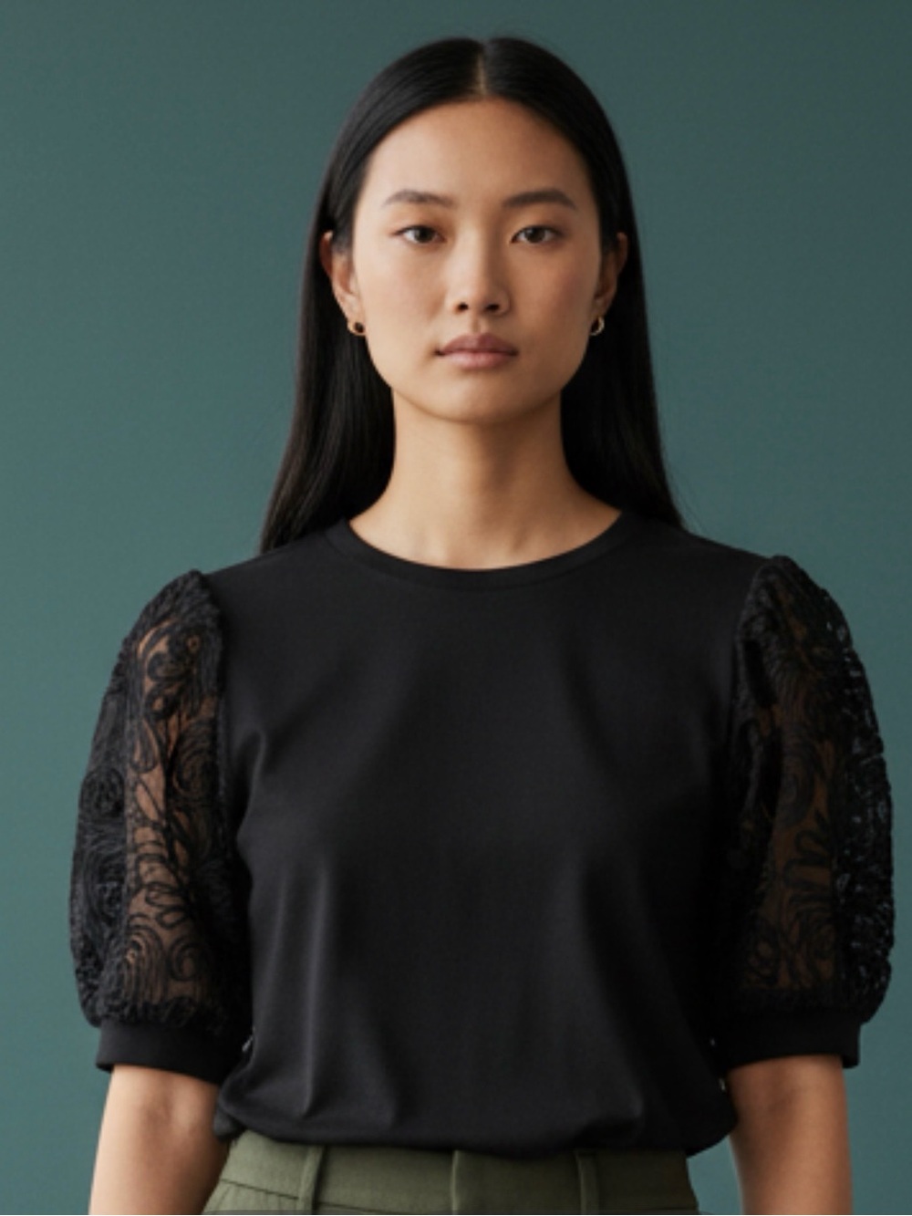 Cable and Gauge Black Lace Puff Sleeve Top